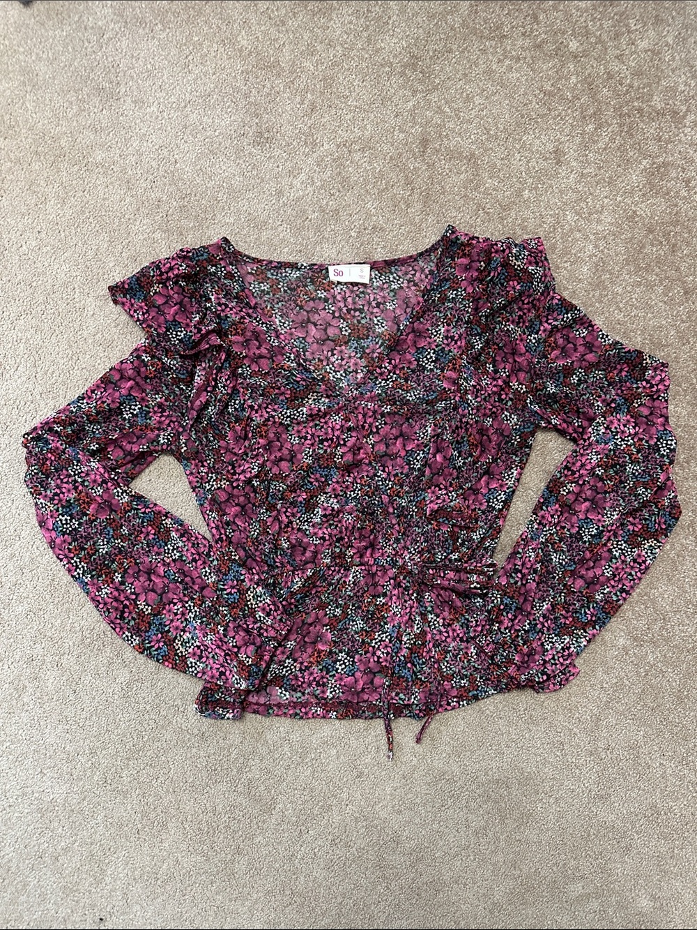 SO Pink Floral Cold-Shoulder Wrap Blouse